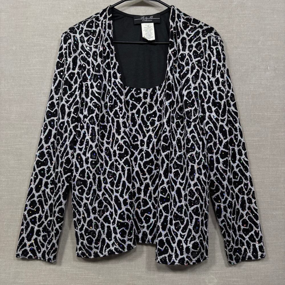 R&M Collection Abstract Animal Rhinestone Blouse Jacket 18 Black White Statement